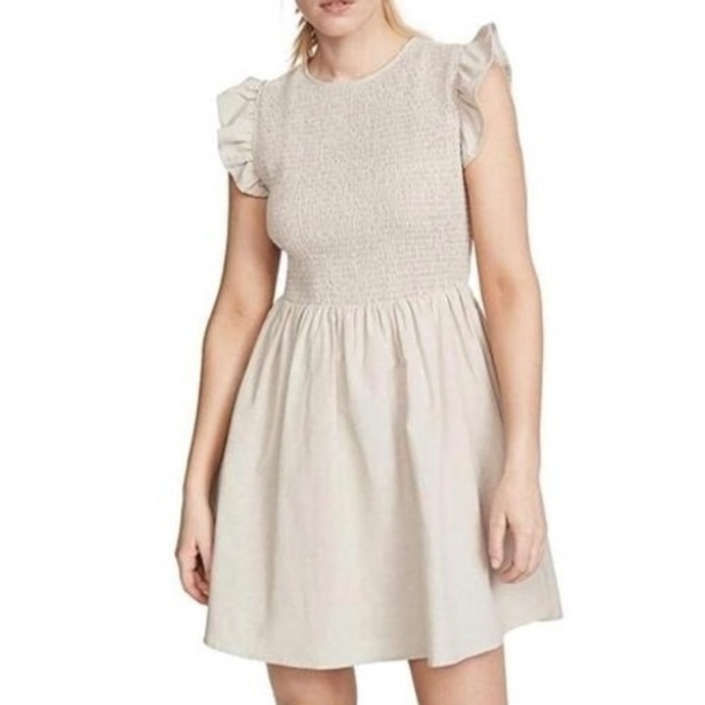 NWT English Factory Smocked Ruffle Sleeve Dress Sz M‎ Beige Fit & Flare Neutral